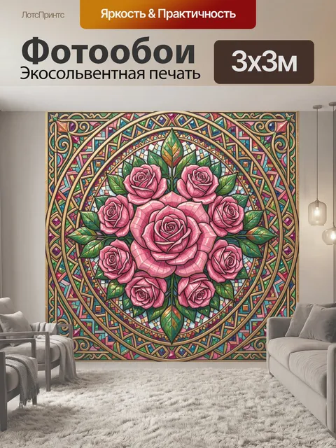 Фотообои Розовый букет в витражной рамке