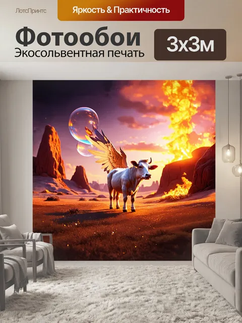 Фотообои в фантастическом, сюрреалистическом пейзаже, на фоне горящего заката и странных скал, стоит корова с…