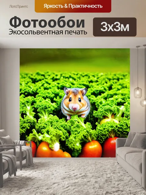 Фотообои хомяк, исследующий зеленый лабиринт из свежих овощей, его любопытный взгляд полон удивления