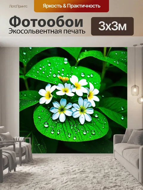 Фотообои природа в стиле двойная экспозиция, свежие цветы с каплями росы, наложенные на зеленые листья