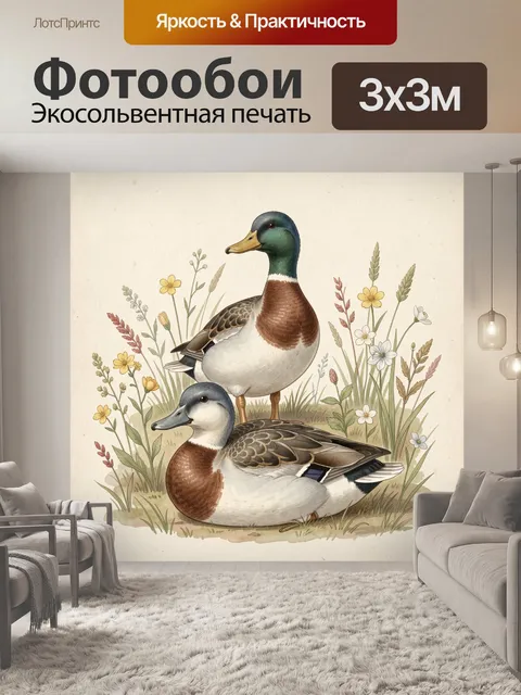 Фотообои Две утки среди луговых цветов