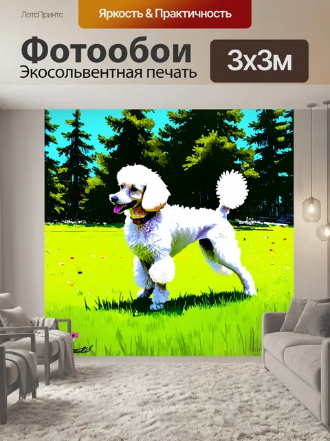 Фотообои пудель, играющий на зеленом травяном лугу с яркими цветами, фоном служат высокие сосны