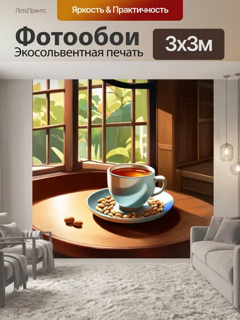 Фотообои промт: интерьер уютного чайного домика, где на деревянном столе стоит большая чашка чая и плато с арахисом