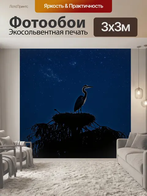 Фотообои цапля, сидящая на высоком дереве с гнездом, поднимает голову к луне, её силуэт выделяется на фоне ночного…