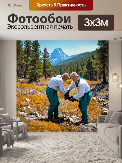 Фотообои ссср, исследовательская экспедиция, учёные на природе, собирающие образцы, горы и лес вокруг