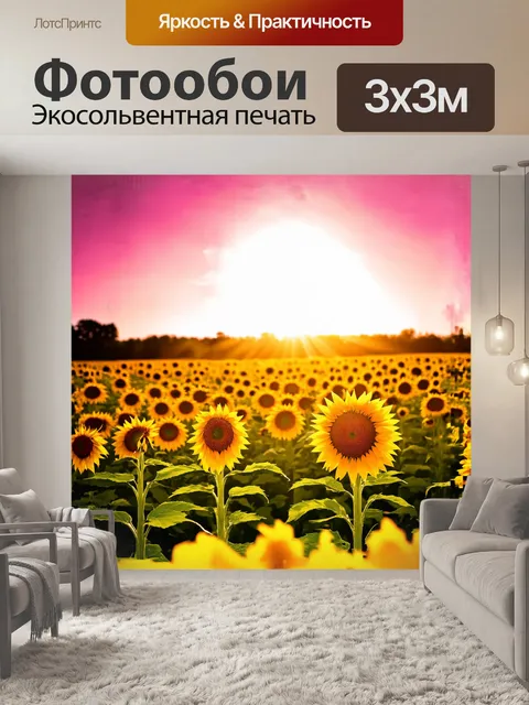 Фотообои на живописном поле, полностью покрытом роскошными желтыми подсолнечниками, разлито светлое утреннее солнце