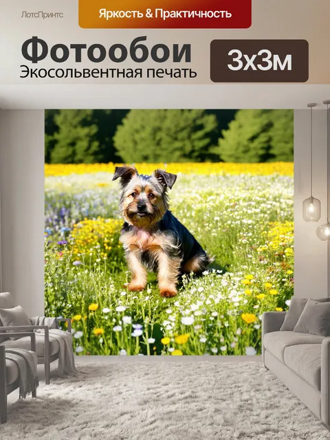 Фотообои в цветочном поле с дикими цветами, керн-терьер сидит среди них, любопытно разглядывая окружающий мир