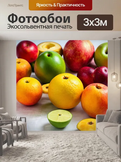 Фотообои светлый фон, с летними фруктами, лежащими на столе
