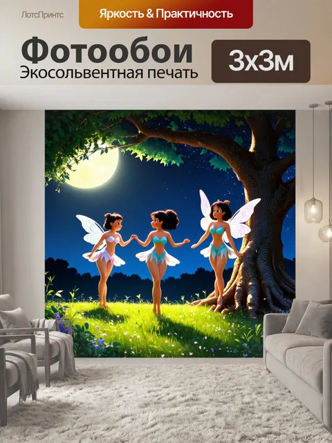 Фотообои ночь в стиле мультяшный, лесные нимфы, танцующие под священным деревом в лунном свете