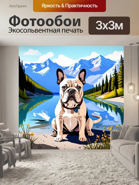Фотообои создайте иллюстрацию французского бульдога, сидящего на берегу озера, окруженного живописными горами