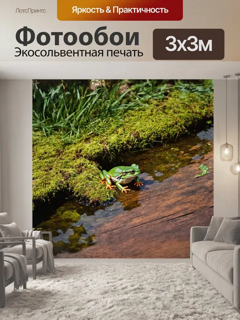 Фотообои заброшенный пруд, заросший травой, в котором обитает зелёная лягушка, покоищаяся на старинной, покрытой…