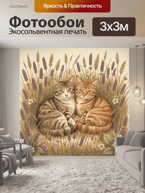 Фотообои Два кота среди лаванды