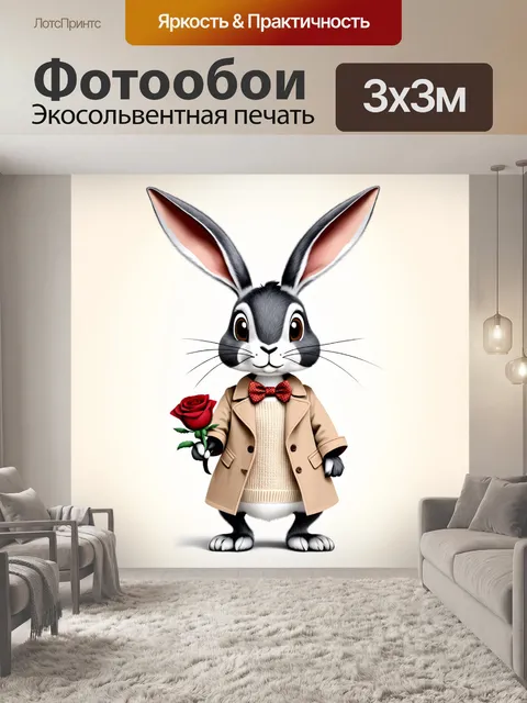 Фотообои Милый заяц с большими ушами, держащий красную розу