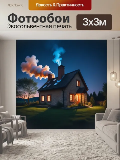 Фотообои уютный дом с дымком из трубы под звездами