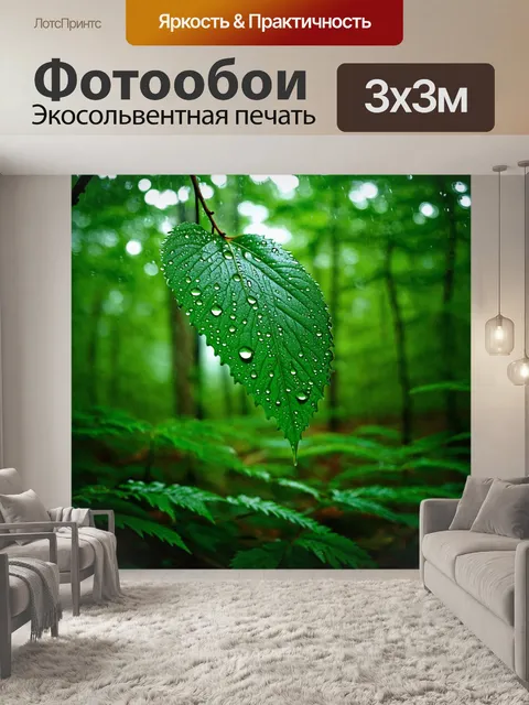 Фотообои влажный лес, после дождя, капли воды на листьях, свежесть, аромат земли, зелени