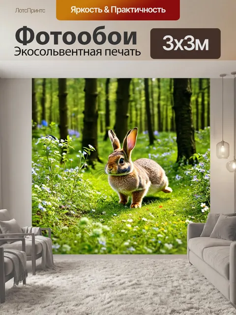 Фотообои кролик, спешащий через русский лес в поисках приключений, лесные цветы и деревья качаются на ветру вокруг него