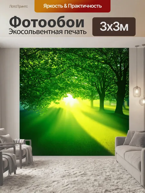 Фотообои зеленые в стиле однострочный рисунок, отражающие утренние лучи света, проникающие через листья деревьев