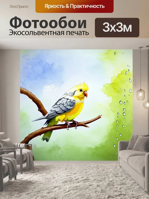 Фотообои корелла, сидящая на ветке, украшенной каплями утренней росы, будто стала частью сказочного пейзажа