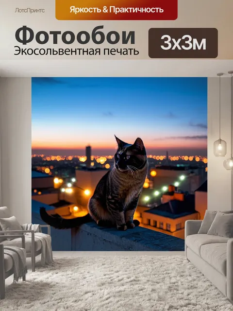 Фотообои кот, сидящий на краю крыши, смотрящий на город в сумерках, огни ярко сверкают внизу