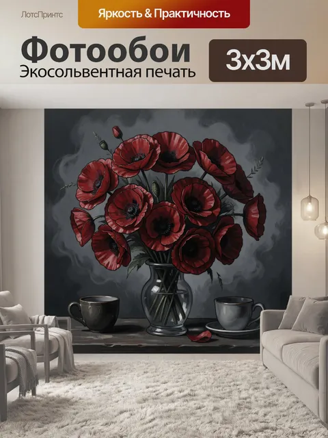 Фотообои Красные маки в стеклянной вазе