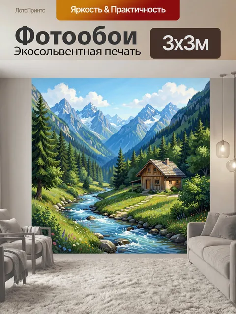 Фотообои Горный пейзаж с домиком у реки