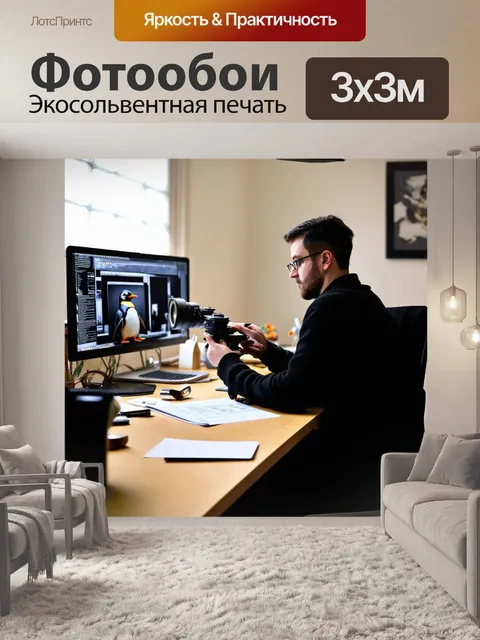 Фотообои пингвин-журналист, работающий в редакции среди суматохи, с компьютером и обоями, стиль редакционной фотографии