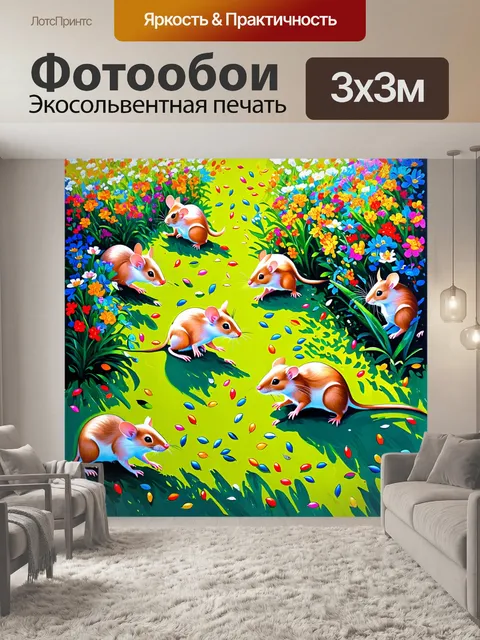 Фотообои сцена с крысками, рассыпавшими цветные семена в цветущем огороде, светит солнце, создавая игре теней