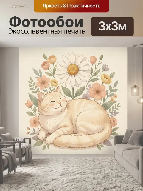 Фотообои Рыжий кот среди полевых цветов