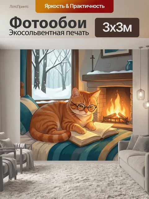 Фотообои Уютный кот у камина с книгой