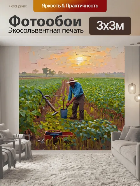 Фотообои фермер, работающий на своем поле в туманный утренний рассвет, с орудиями труда и красиво растущими…