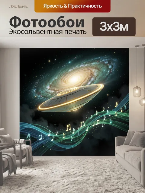 Фотообои Парящий в глубоком космосе тарелкообразный космический корабль с золотым светящимся ободом и тонкими панелями