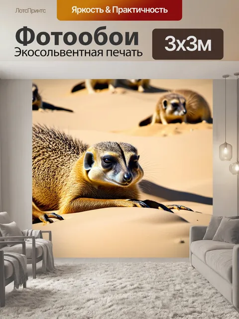 Фотообои сурикат, лежащий на солнце на песчаном дюне, с полуоткрытыми глазами и расслабленным телом, рядом с другими…