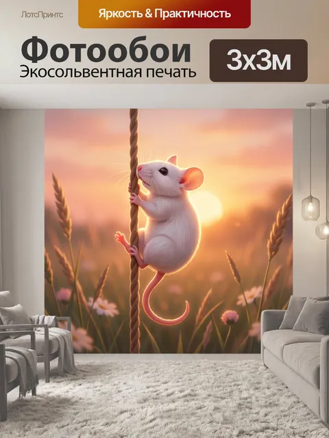 Фотообои Белая мышка на верёвке