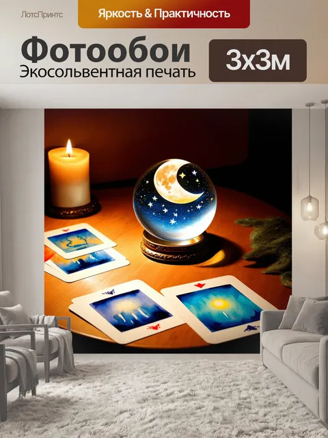 Фотообои на старинном столе стоит стеклянный шар, через который виднеется загадочный мир