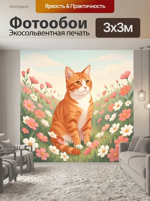 Фотообои Рыжий кот среди цветов
