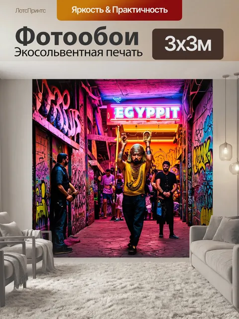 Фотообои египет в стиле панк, где древние ритуалы проводятся на фоне ярких граффити и крупных неоновых вывесок