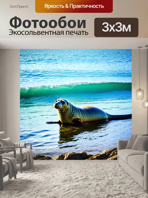 Фотообои в бескрайнем океане, где волны рассекают спокойные воды, лежит одинокий тюлень на скалистом побережье