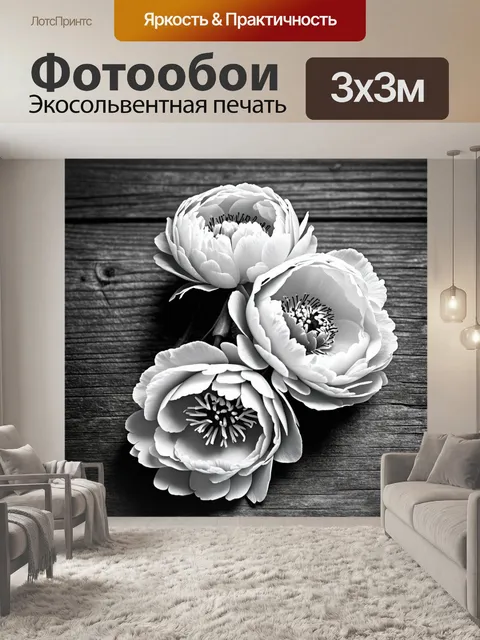 Фотообои пионы в черно-белом стиле