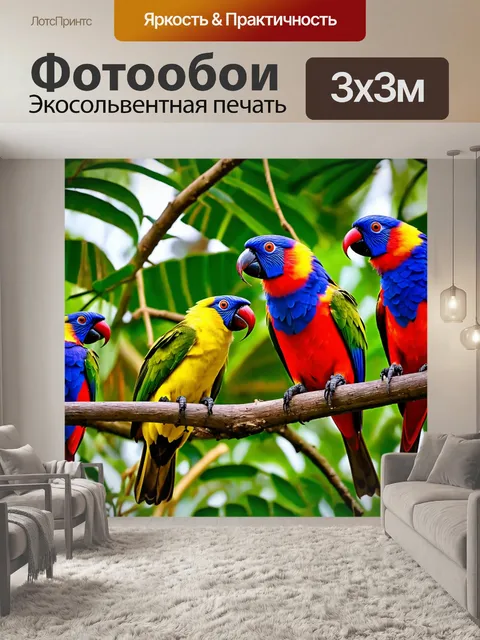 Фотообои яркие тропические птицы в джунглях