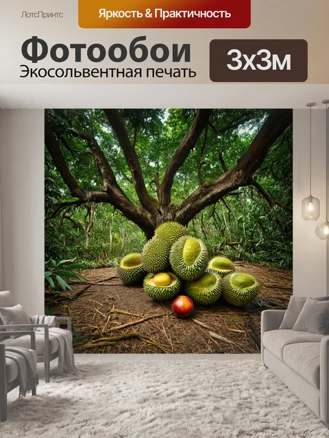 Фотообои в тропическом лесу, среди огромных деревьев располагается дерево с крупными тропическими фруктами, такими…