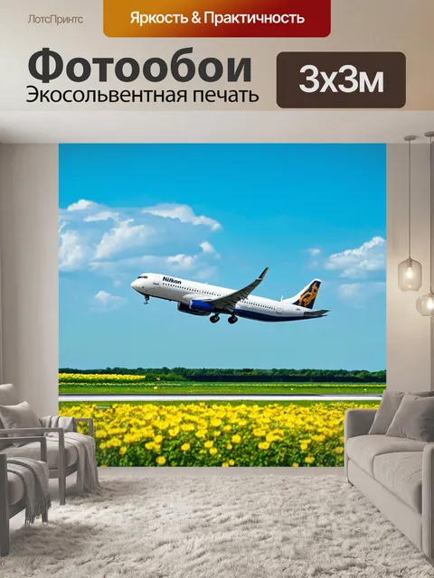 Фотообои с самолетом в процессе взлета с взлетной полосы