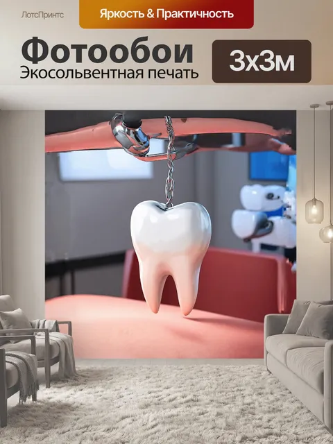 Фотообои зуб, выполненный в мягких пастельных тонах, висит на фоне обширного стоматологического кабинета с…