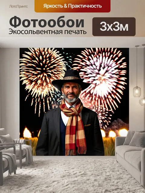 Фотообои овчарка с завязанным шарфом, готовая к празднованию, с фейерверками на фоне