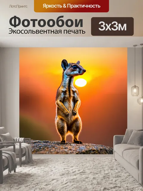 Фотообои сурикат, стоящий на задних лапках на фоне яркого заката, с наклонённой головой, внимательно смотрящий вдаль…