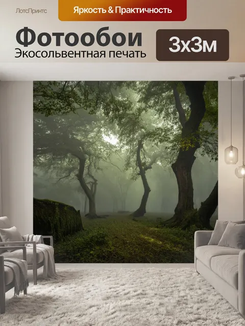 Фотообои туман в художественном стиле, древние деревья в тумане, свет, пробивающийся сквозь листву, ощущение магии