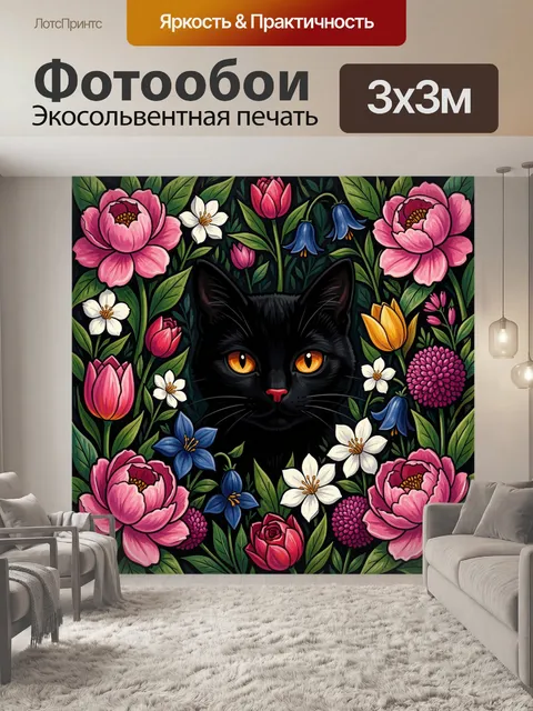 Фотообои Черный кот среди цветов