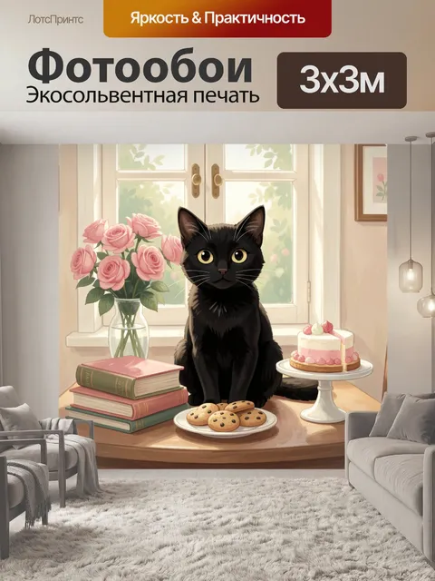 Фотообои Черный кот у окна с цветами