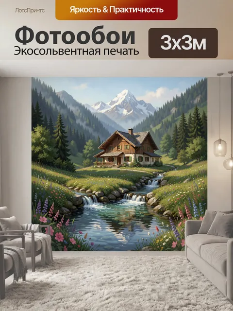 Фотообои Альпийский домик у горной реки