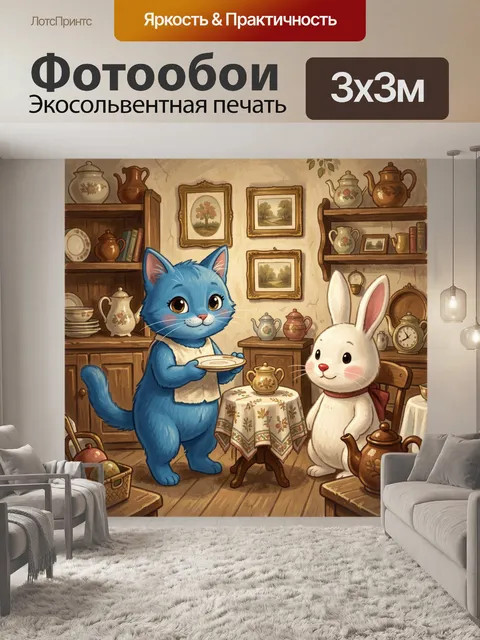 Фотообои Кот и кролик за чаепитием