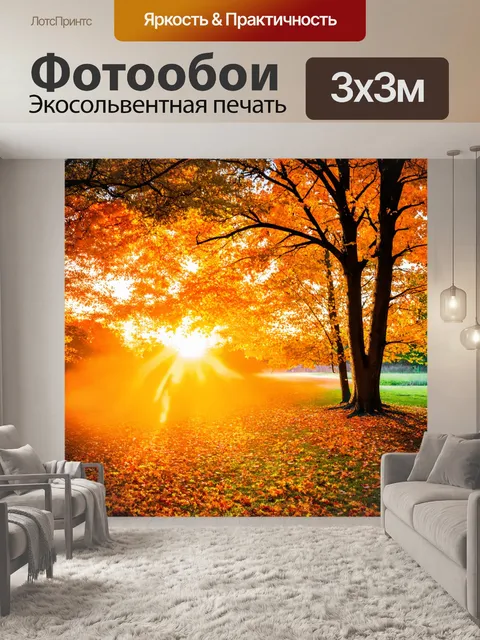 Фотообои осень закаты, золотистые листья кружатся в воздухе, теплый свет солнца проникает сквозь деревья